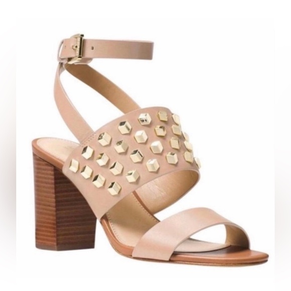 MICHAEL KORS Beige Leather, Gold Studded Ankle Strap Heeled Sandals | Size 7.5 - Picture 1 of 16